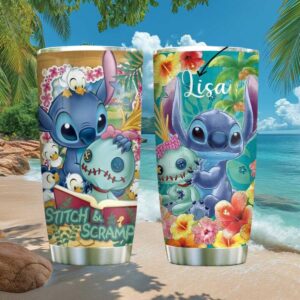 Custom Name Stitch & Scramp Tropical Aloha Floral Tumbler Design