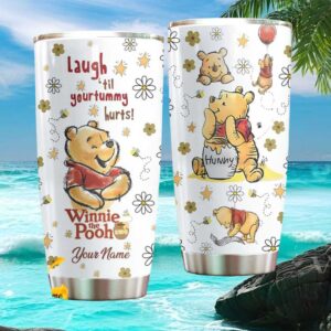 Custom Name Winnie The Pooh Sketch Flower Pattern Stainless Steel Travel Tumbler