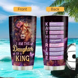 Daughter of a King Personalized Lion & Flowers Christian Tumbler with Name Meaning