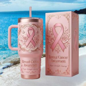 Elegant Pink Ribbon Breast Cancer Awareness Embossed Rose Garden Tumbler