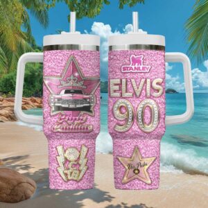 Elvis Presley 90th Anniversary Pink Cadillac Glitter Stanley Style Tumbler