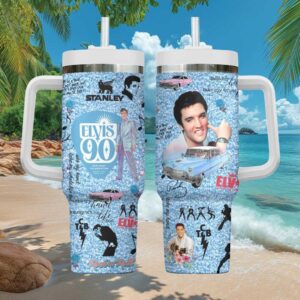 Elvis Presley 90th Birthday Celebration Rock 'n' Roll Blue Glitter Tumbler