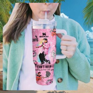 Elvis Presley “Can't Help Falling In Love” Pink Sparkle 40oz Tumbler with Handle
