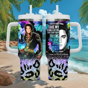 Elvis Presley Floral Tribute 40oz Tumbler “Take My Hand” Lyrics Leopard Print Base