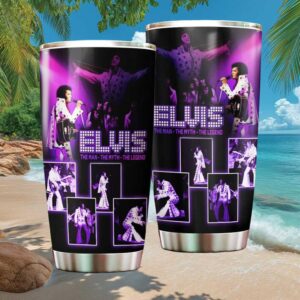 Elvis Presley “The Legend” Purple Neon Stage Performance Collage Insulated Tumbler