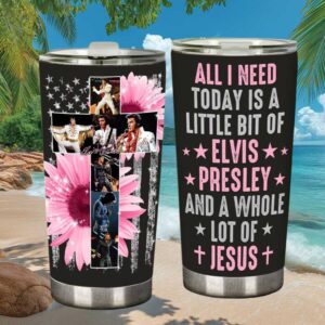 Elvis and Jesus Cross Pink Floral Faith Insulated Coffee Tumbler