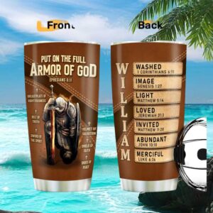 Full Armor of God Personalized Leather Style Tumbler Warrior of Christ Gift for Men