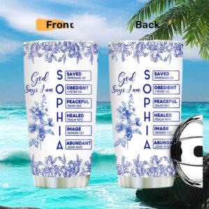 God Says I Am Blue Botanical Personalized Tumbler Custom Name Scriptural Gift