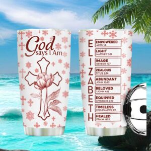God Says I Am Floral Cross Tumbler Personalized Scripture Name