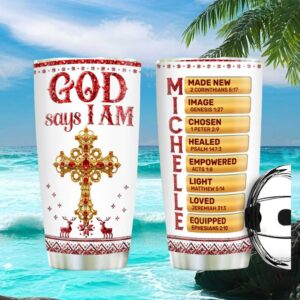 God Says I Am Ornate Cross Personalized Tumbler Red Glitter Style Christian Gift