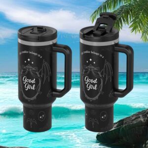 Goth Aesthetic “Good Girl” Bat Wing Matte Black Insulated Tumbler with Handle