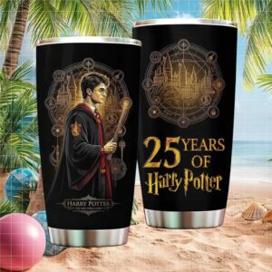 Harry Potter The Boy Who Lived 25 Years Anniversary Hogwarts Crest Gold Tumbler