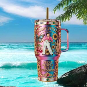 Harry Styles “Treat People With Kindness” 40oz Tumbler Iridescent Butterfly & Sunflower Design