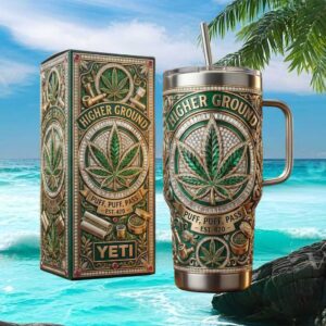 “Higher Ground” 420 Aesthetic Custom Leaf & Jewel Detailed 40oz Tumbler