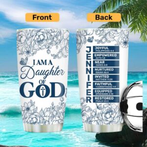 I Am A Daughter Of God Blue Floral Personalized Tumbler Custom Name Bible Verse
