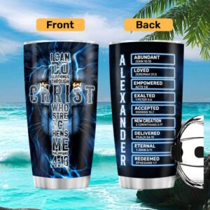 I Can Do All Things Through Christ Lion Cross Tumbler Personalized Blue Electric Design