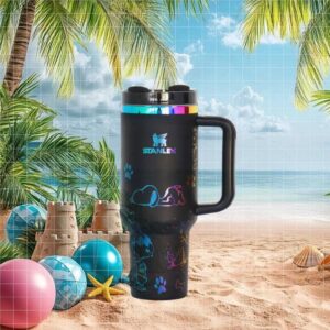 Iridescent Snoopy Outlines on Matte Black Insulated Tumbler Rainbow Reflective