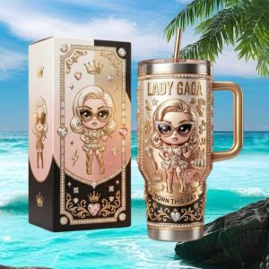 Lady Gaga Born This Way Chibi Style 3D Gold & Pink Tumbler
