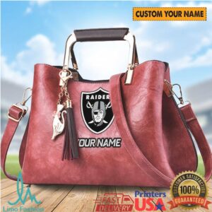 Las Vegas Raiders Personalized Name Leather Handbag Silver & Black Tote