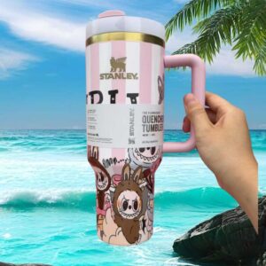 Limited Edition Pink Striped Cartoon Monster Character 40oz Quencher Tumbler