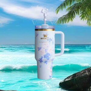 LoveShackFancy x Stanley Quencher 40oz Tumbler Blooming Heirloom Floral Blue with Bow Straw Cover