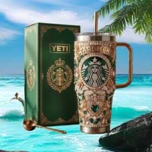Luxury Starbucks Emerald & Gold Filigree 40oz Tumbler with Custom Gift Box