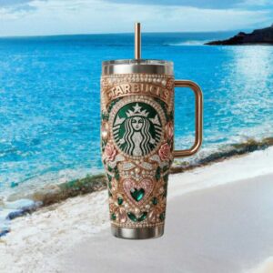 Luxury Starbucks Inspired Emerald & Gold Rhinestone Tumbler Bejeweled Floral Coffee Tumbler