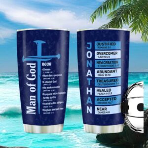 Man of God Blue Cross Tumbler Personalized Name Bible Verse Affirmations