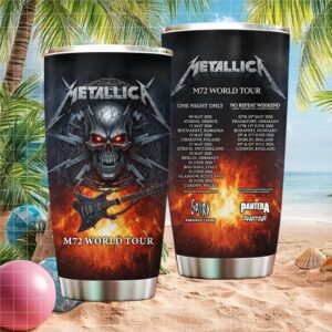 Metallica M72 World Tour 2026 Flaming Skull & Electric Guitar Rock Tumbler