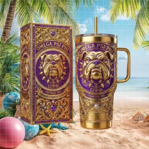 Omega Psi Phi Fraternity Purple & Gold Bulldog 1911 Jeweled Tumbler