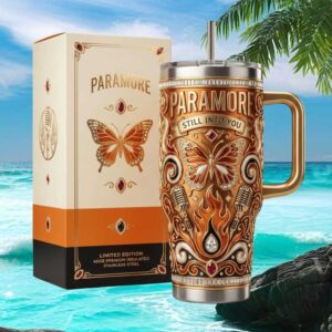 Paramore Still Into You Limited Edition 40oz Insulated Stainless Steel Tumbler Butterfly Gold & Orange Design