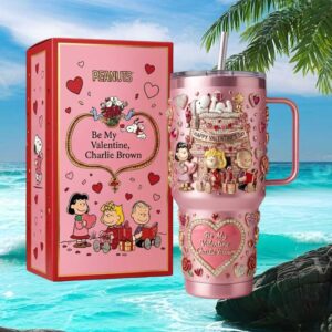 Peanuts Charlie Brown & Friends Valentine's Day 3D Embossed Pink Tumbler
