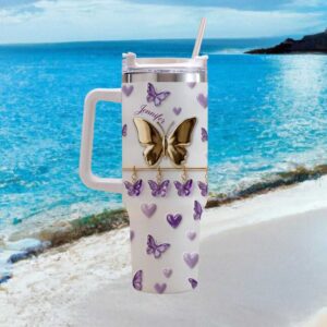 Personalized 3D Butterfly and Hearts Jewel Effect Tumbler with Handle