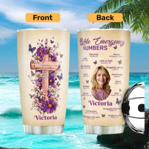 Personalized Bible Emergency Numbers Faith Cross & Photo Travel Mug