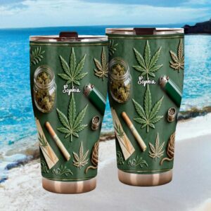 Personalized Cannabis Leaf 3D Texture Tumbler Custom Name Green Aesthetic