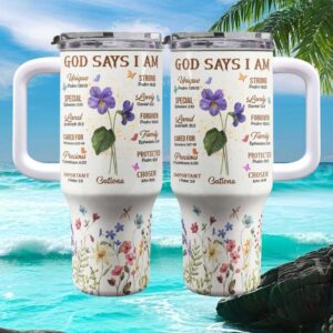 Personalized “God Says I Am” Bible Verse Violets Stainless Steel Tumbler
