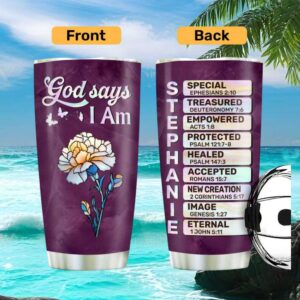 Personalized God Says I Am Purple Floral Tumbler Custom Name Christian Gift