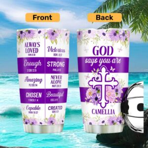 Personalized “God Says You Are” Purple Daisy Scripture Affirmation Tumbler