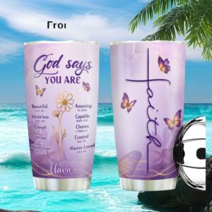 Personalized God Says You Are Tumbler Purple Butterfly & Floral Faith Gift