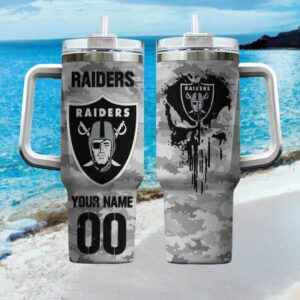 Personalized Las Vegas Raiders Camo Drip Skull Shield Tumbler with Handle