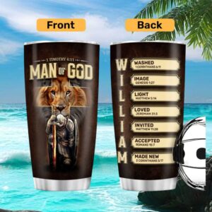 Personalized Man of God 1 Timothy 611 Knight & Lion Leather Style Tumbler