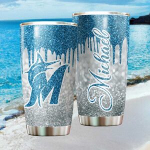 Personalized Miami Marlins MLB Blue Glitter Drip Custom Name Tumbler