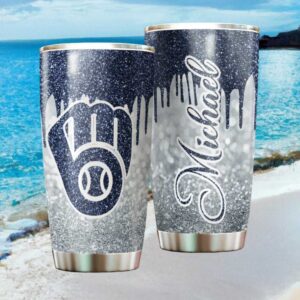 Personalized Milwaukee Brewers MLB Navy Glitter Drip Tumbler