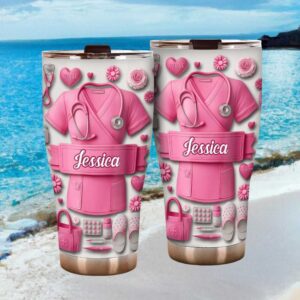 Personalized Nurse Pink Scrub Tumbler Custom Name Healthcare Worker Gift