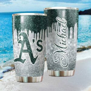 Personalized Oakland Athletics A's MLB Green Glitter Drip Tumbler