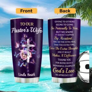 Personalized Pastor's Wife Appreciation Tumbler Purple Rose & Cross Design