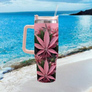 Personalized Pink Cannabis Leaf Floral Aesthetic Tumbler with Handle