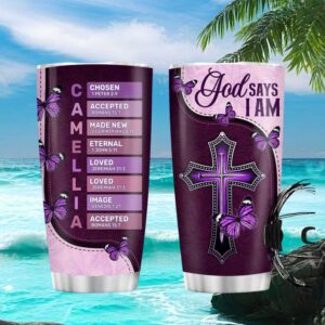 Personalized Purple Butterfly Cross “God Says I Am” Name Acrostic Tumbler