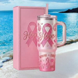 Pink Ribbon Hope Survivor Glitter Butterfly 3D Embossed Insulated Tumbler