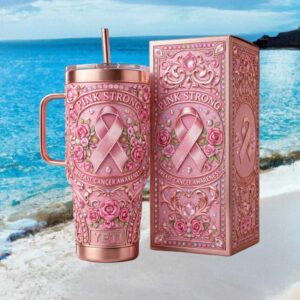 Pink Strong Breast Cancer Awareness Filigree Luxury Jeweled Tumbler